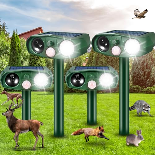 Solar Animal Repellent Outdoor, Ultrasonic Garden Deterrent with Motion Sensor for Cats Squirrels and Rodents, Waterproof Motion Activated Pest Defense Stake for Yard, 110° PIR Wide Angle