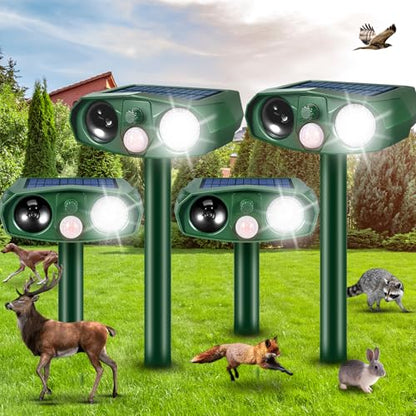 Solar Animal Repellent Outdoor, Ultrasonic Garden Deterrent with Motion Sensor for Cats Squirrels and Rodents, Waterproof Motion Activated Pest Defense Stake for Yard, 110° PIR Wide Angle