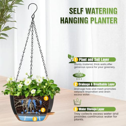 8 Inch Self Watering Hanging Planters Set of 3 with Saucers - color: Black Brown, size: 8 Inch 3 Pack