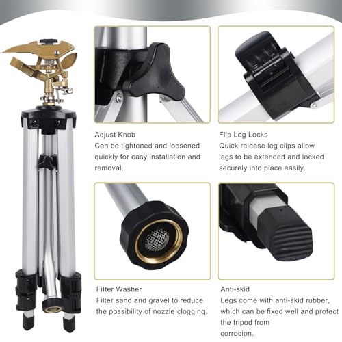 Biswing Large Impact Sprinkler Head on Tripod Base, Adjustable Zinc Alloy Lawn Sprinklers for Yard Lawn Garden, 3/4" NH Connector, 360 Degree Large Area Coverage Irrigator with Extension Legs, 1 Pack
