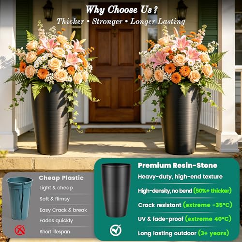 Autodaya 22.8" Tall Outdoor Planters Set of 2, Faux Brushed Steel Finish - color: Metallic Brushed Black-21.8"h