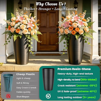 Autodaya 22.8" Tall Outdoor Planters Set of 2, Faux Brushed Steel Finish - color: Metallic Brushed Black-21.8"h