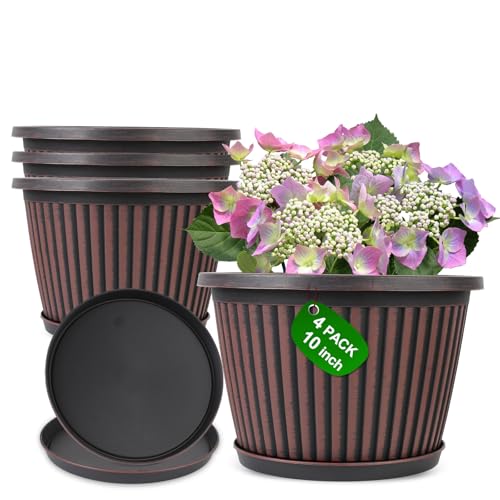 Myfeegoin Planter-Pots-for-Plants-Indoor-Outdoor, 4 Pack 10 Inch Plastic Flower Pots with Saucer & Drainage Holes, Modern Garden Planters for Planting Medium Large Plants，Decorative Resin Garden Pots - color: Red Brown, size: 10 inch