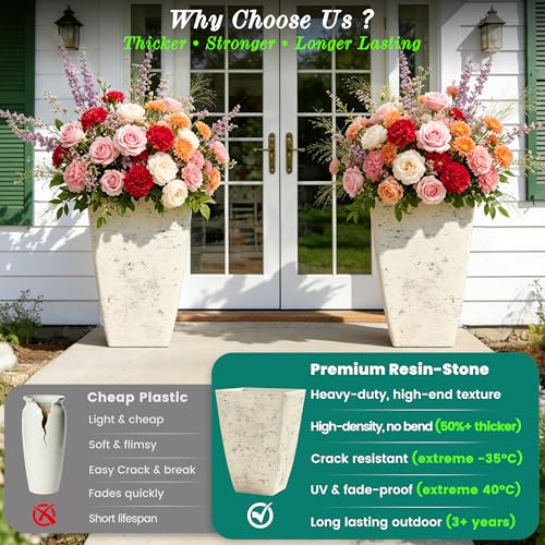 Autodaya Resin 19" Tall Planters Set of 2 Plant Pots, Country White Square - color: 19"-country Square White