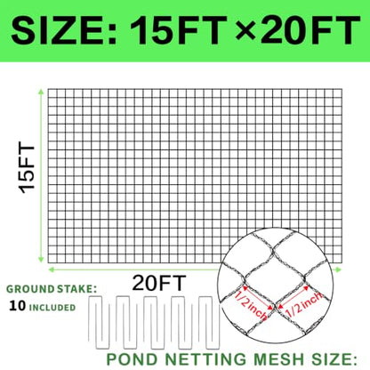 15x20ft Koi Pond Netting for Leaves, 1/2 in Mesh Netting Pond Cover Kit - size: 15FT*20FT