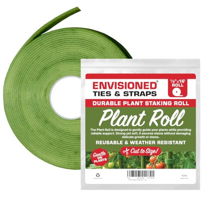Plant Tie Roll 1/2" x 16' - Plant Support Roll, Garden Plant Tie, Reusable Hook and Loop Plant Tape for Stakes, Trellises, Tomato Cages & Young Trees, Cut to Size, Green