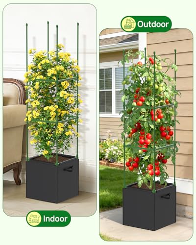 4 Pack Square Tomato Trellis Cages 55 Inch Height, with 17 Gallon Square Grow Bags (12×12in), Heavy Duty Tomato Plant Support Stakes for Outdoor Garden Climbing