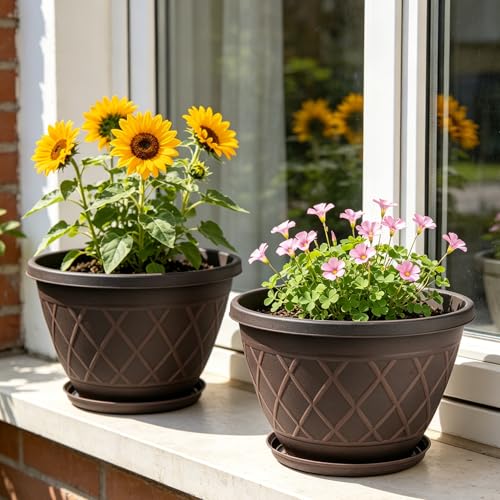 4 Pack 10 Inch Plant Pot, Planter Pots with Drainage Holes & Saucers - color: Plaid Pattern-brown, size: 10 Inch - 4Pack