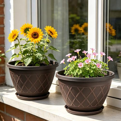 4 Pack 10 Inch Plant Pot, Planter Pots with Drainage Holes & Saucers - color: Plaid Pattern-brown, size: 10 Inch - 4Pack