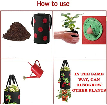 4 Pcs Hanging Strawberry Planter Bags 3 Gallon Upside Down Strawberry Planter and 4 Hooks, Sturdy Hanging Handle Thickened Breathable Felt Cloth for Herb Tomato Hot Peppers Vegetables (4Pcs 3Gal)