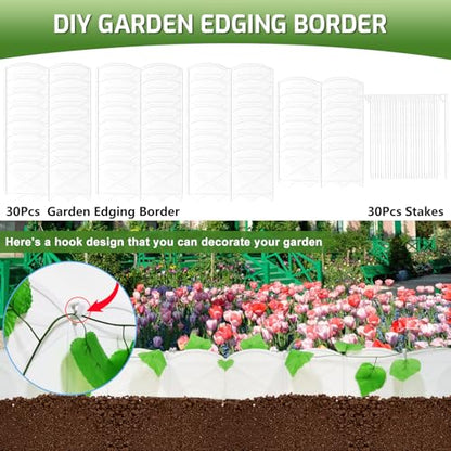 Vashly No-Dig 30Ft Landscape Edging, 6 Inch Tall Garden Edging Garden Edging Border, 30Pcs Flower Bed Edging Border with 30Pcs Stakes - color: White