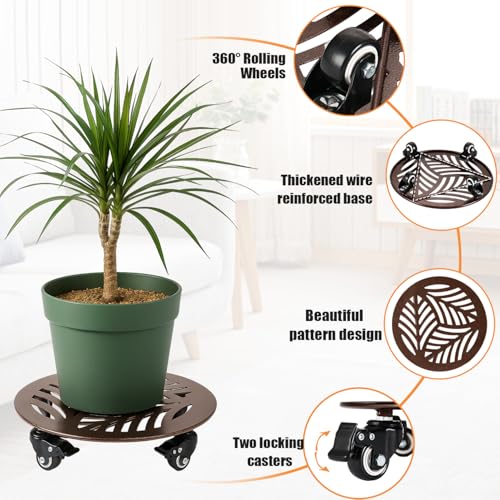 3-Pack Large Metal Plant Caddy with Wheels 13 Inches Heavy-duty Rolling Plant Stands with Casters Wheeled Flower Pot Mover Rollers Rust-proof Iron Planter Dolly Coasters for Indoor Outdoor Use - color: Textured Brown, size: 13"/ 3 packs