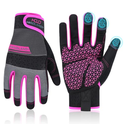 HANDLANDY Work Gloves for Women, Breathable Leather Gardening Glove for Yard Maintenance, Hand Protection with Touch Screen - color: Hot Pink, size: Small (Pack of 1)