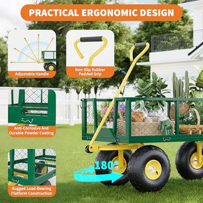 Heavy Duty Steel Garden Cart, 900 Lbs Capacity Utility Wagon with Removable Mesh Sides, 10" Pneumatic All-Terrain Tires & 180° Swivel Handle, Folding Flatbed Yard Cart for Garden, Lawn, Farm, Camping - color: Green Yellow, size: 900 lbs