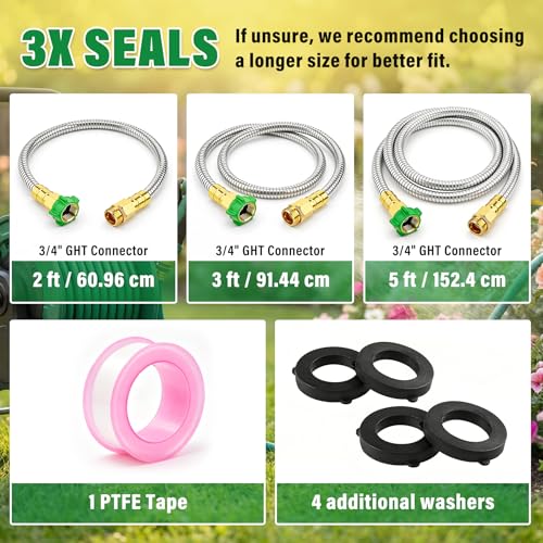 Short Garden Hose with Female to Male Metal Connector 3FT, 304 Stainless Steel Leader Hose for Hose Reel, Flexible & Kink-Free, Lightweight, No Leak Outdoor Water Pipe Extension Adapter - size: 3 FT