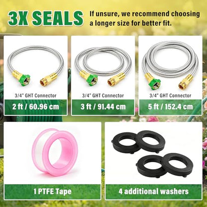 Short Garden Hose with Female to Male Metal Connector 3FT, 304 Stainless Steel Leader Hose for Hose Reel, Flexible & Kink-Free, Lightweight, No Leak Outdoor Water Pipe Extension Adapter - size: 3 FT