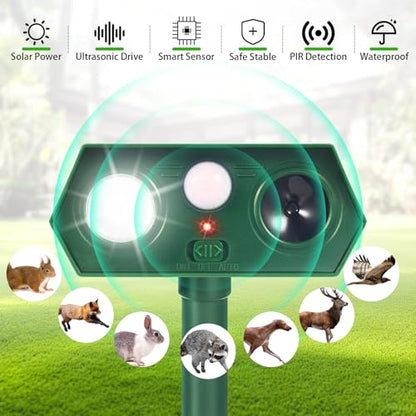 2026 Upgraded Solar Ultrasonic Animal Repellent Deer Repellent Devices with Motion Sensor & Flashing Light Cat Repellent Outdoor to Keep Squirrel Raccoon Rabbit Away from Yard Garden 2 Pack