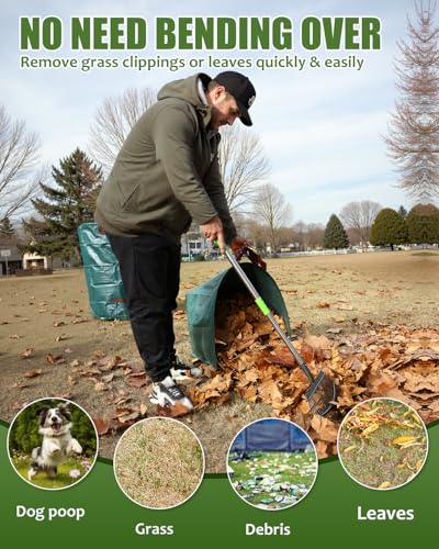 65 Inch 25 Tines Metal Leaf Rake Set with 40 Gal Dustpan-Type Bags - style: Green Dustpan