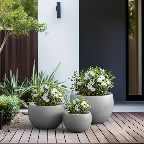 Kante Set of 3 Pale Gray Concrete Bowl Planters 20" 15.7" 11.8" Dia - color: Natural Concrete, size: 19.9"D + 15.7"D + 11.8"D