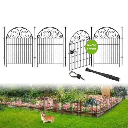 Getlay Tall Garden Fence with Gate, 40 Inch(H) 4 Panels Dog Fence Outdoor for Yard, Total Length 8.8 Ft Metal Decorative Fences│Patented - size: 40''(H)-4panels-8.8ft(L)