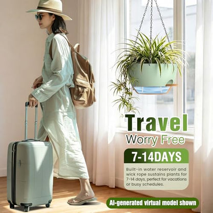 13 Inch Large Self Watering Hanging Planters 2 Pack with Saucers - color: Green Brown, size: 13 Inch 2 Pack