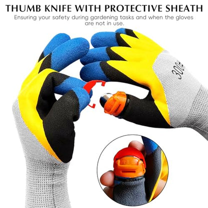 AGLOO Gardening Gloves with Thumb Knife - 1 Pair for Quick Pruning, Fruit Picking and Trimming in Yard - Breathable, Anti-Thorn Picking Gloves for Plant Harvesting