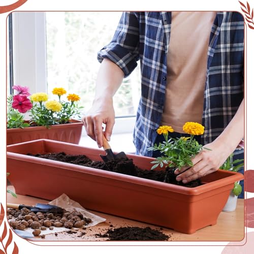 Briwooody 4 Pcs 31.5 Inch Extra Large Window Planter Outdoor with Drainage Holes Rectangle Plastic Window Flower Planter Box for Patio Home Decor, Brick Red