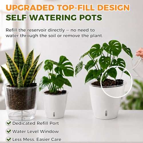 Upgraded Self Watering Pots for Indoor Plants, 6-Pack 6.7 Inch Top-Fill Self Watering Planter with Water Window, Orchid Pots, Clear Wick Inner Basket with Drainage, White - color: White, size: 6.7 Inch/6 Packs