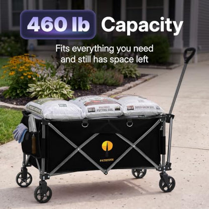 39" L Collapsible Wagon with All-Terrain Wheels, 460 lbs Foldable Cart with Detachable Flashlight, Pockets & Flexible Steering Handle, Black Utility Heavy Duty Folding Beach Wagons Carts - color: Black
