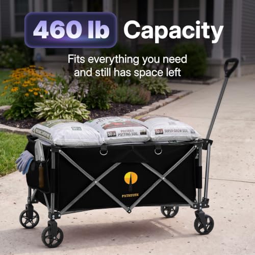 39" L Collapsible Wagon with All-Terrain Wheels, 460 lbs Foldable Cart with Detachable Flashlight, Pockets & Flexible Steering Handle, Black Utility Heavy Duty Folding Beach Wagons Carts - color: Black