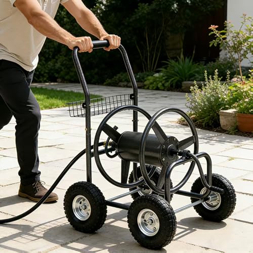 Garden Water Hose Reel Cart - 250 ft. Capacity, 10" Pneumatic Tires, Powder-Coated Steel Frame for Tangle-Free Garden Hose Storage - color: Gray