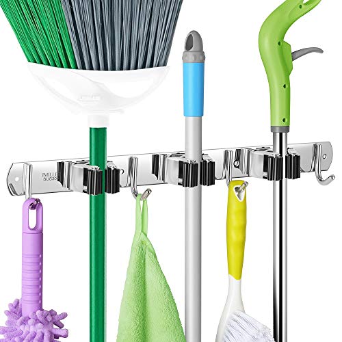 IMILLET Broom Holder Wall Mount,Heavy Duty Garage Organization Broom Hanger - color: 3 Racks with 4 Hooks, size: 1 Pack