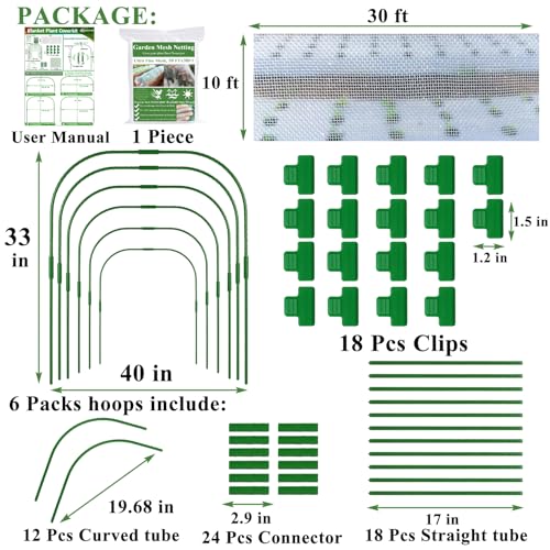 Garden Mesh Netting Kit, 10 * 30FT Ultra Fine Netting Plant Covers with 6 Pcs Wide Garden Hoops & 18 Clip, Garden Netting Kit for Raised Beds Plants Greenhouse Row Cover Barrier Protection Net - size: 10x30FT+ Wide Hoops