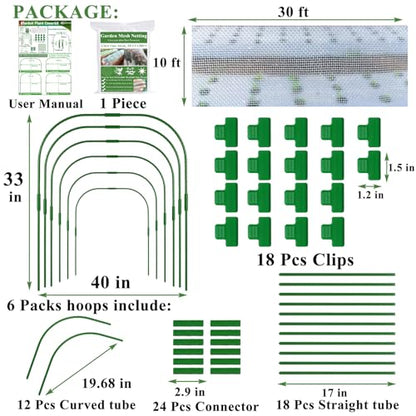Garden Mesh Netting Kit, 10 * 30FT Ultra Fine Netting Plant Covers with 6 Pcs Wide Garden Hoops & 18 Clip, Garden Netting Kit for Raised Beds Plants Greenhouse Row Cover Barrier Protection Net - size: 10x30FT+ Wide Hoops
