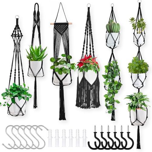 Macrame Plant Hangers, 6Pack Hanging Plant Holders Indoor, Black - color: Black