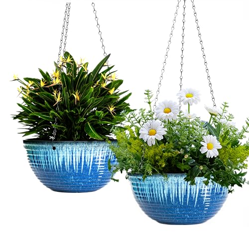 12 inch Large Hanging Planters for Indoor Outdoor Plants, Set of 2 Glazed Hanging Flower Pots with Drainage Hole, Hanging Baskets for Garden Home Porch Decor - color: Blue Glaze, size: 12 Inch