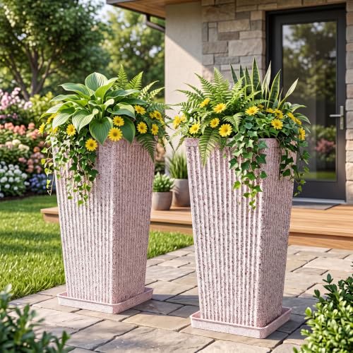 Square Tall Planters for Outdoor Plants with Tray - Stone Finishes - color: White Red Speckled-stone Finishes