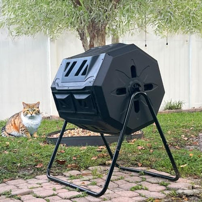 FixtureDisplays® 42 Gallon 28X24X36 Black Garden Waste Processing Bin, Dual Rotating Chambers, Outdoor Tumbler Design 15813NEW-NPF