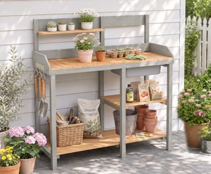 Wooden Potting Bench Table with Sink,Outdoor Garden Table Work Bench with Shelf, Workstation for Outside Lawn Patio - size: 17"x41"x43.5" w/Shelf
