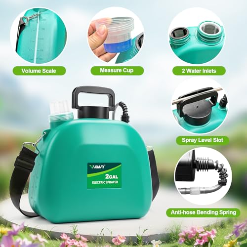 VAXMAY Battery Powered Sprayer 2 Gallon, Upgrade Electric Garden Sprayer with 3 Adjustable Speed, Battery Indicator, 4 Mist Nozzles, Rechargeable Handle, Retractable Wand, Shoulder Strap for Weed Lawn - color: Green