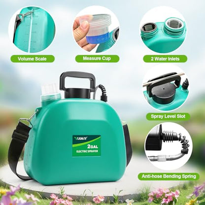 VAXMAY Battery Powered Sprayer 2 Gallon, Upgrade Electric Garden Sprayer with 3 Adjustable Speed, Battery Indicator, 4 Mist Nozzles, Rechargeable Handle, Retractable Wand, Shoulder Strap for Weed Lawn - color: Green