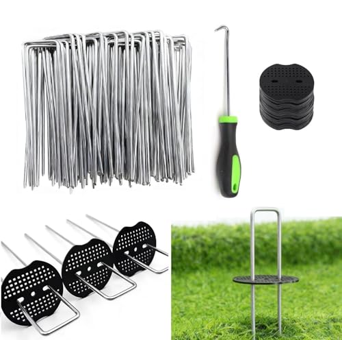 4 Inch 50 PCS Galvanized Landscape Staples with 50 PCS Gasket, Landscape Fabric Pins Stakes Lawn Ground Cover Graden Staples Spikes Weed Barrier Stakes - size: 4" 50 Pack