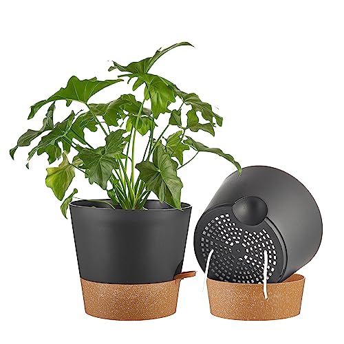 FaithLand 2-Pack 10 Inch Planter Pots for Indoor Outdoor Plants, Self Watering Flower Pots with Deep Reservoir, Black with Terracotta … - color: Black With Terracotta, size: 10 Inch