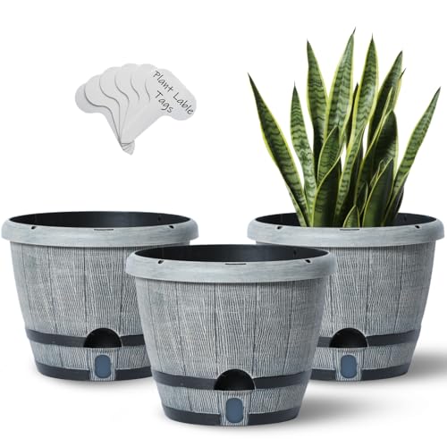 Sun-E 10" Self-Watering Whiskey Barrel Planter 3 Pack for Indoor Outdoor - color: White Wooden Grain