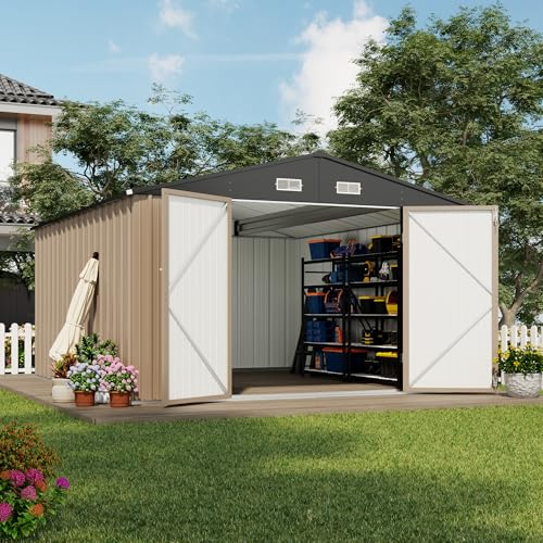Devoko 10x12 FT Outdoor Storage Shed, Brown - color: Brown, size: 10x12 FT