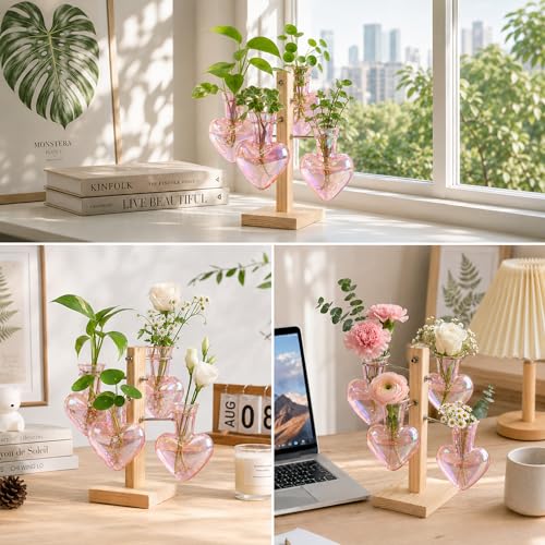 Nacome Plant Terrarium Propagation Stations: Pink Vase with Wooden Stand - color: Pink