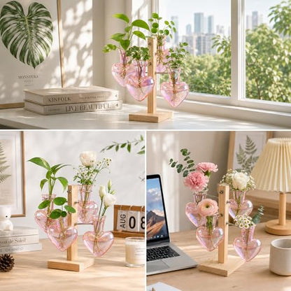 Nacome Plant Terrarium Propagation Stations: Pink Vase with Wooden Stand - color: Pink