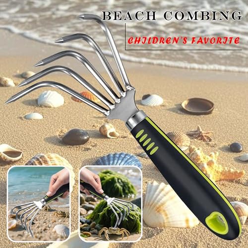 Garden Rake 5-Claw Landscape Dethatcher Thatching Beach Combing Rake for Digging Clam Shell Defoliation Hoe Garden Tool for Loosen The Soil (Green) - color: Green