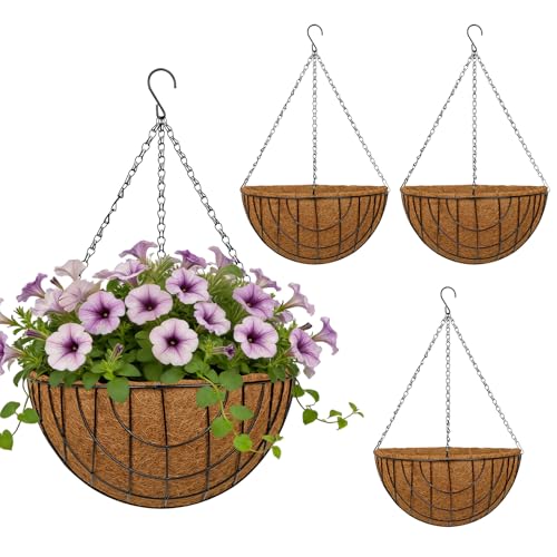14 Inch Metal Hanging Basket with Coco Coir Liner for Flowers Planting - size: Mesh Structure 14" & 4 Pcs