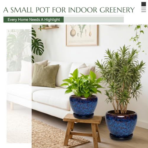 Ceramic Planter with Saucer for Indoor Outdoor Plants (Blue, 8.7 Inch) - color: Speckled Blue, size: 8.7 Inch